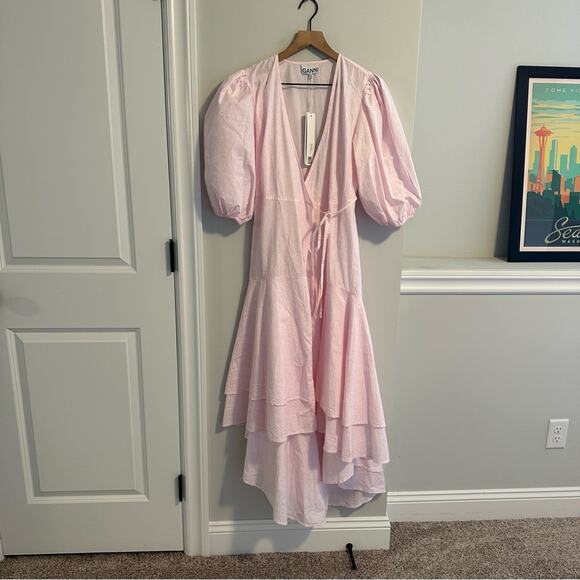 NWT GANNI Pink White Floral Poplin Wrap Maxi Dress 36 Small - Picture 14 of 14